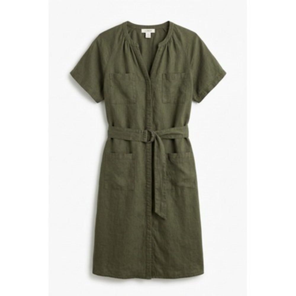 Lucky Brand Dress Women XL Green Linen Blend Belted Shirt Midi Utility Pockets - Picture 1 of 9